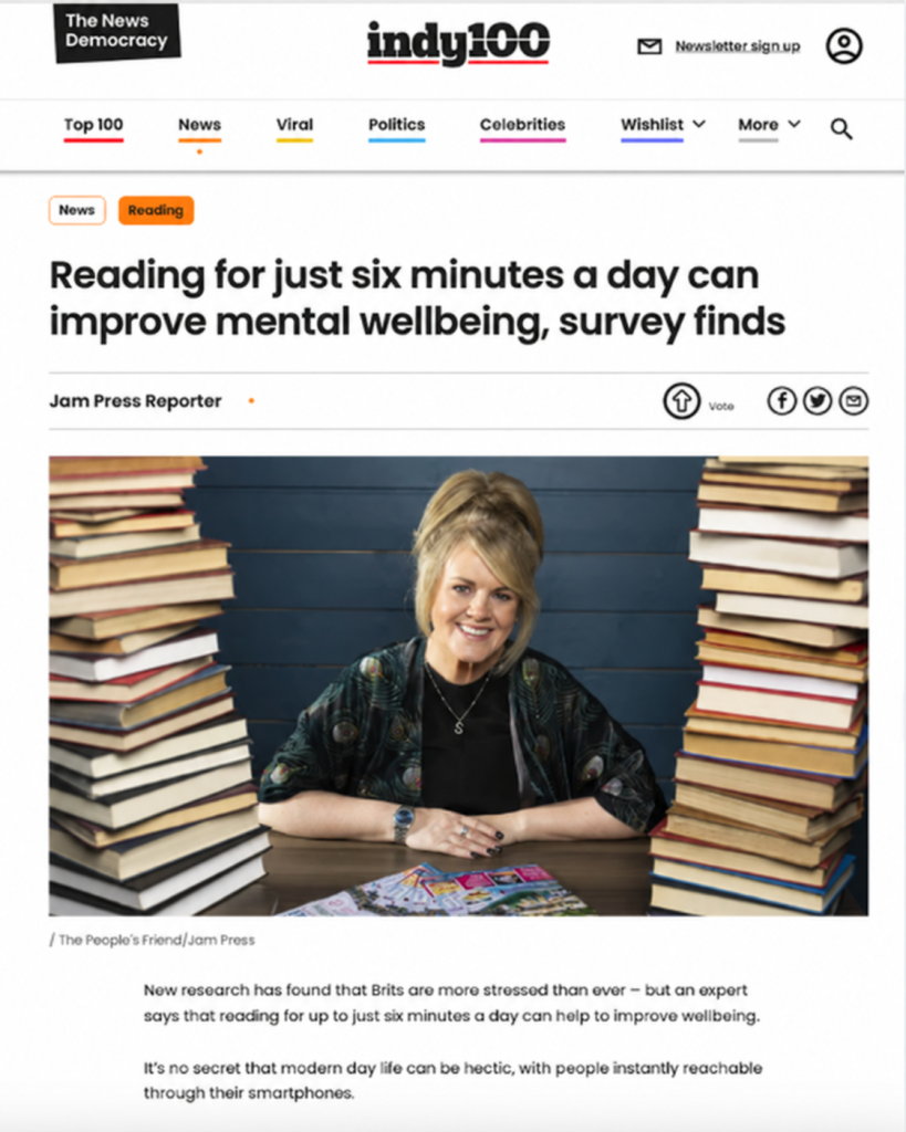 indy100 headline: Reading for just six minutes a day can improve mental wellbeing, survey finds